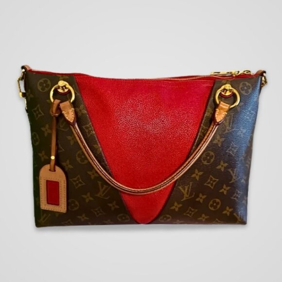 Louis Vuitton Monogram Canvas V Tote MM Zippered Pocket Leather Cherry Red/Brown - Picture 4 of 15